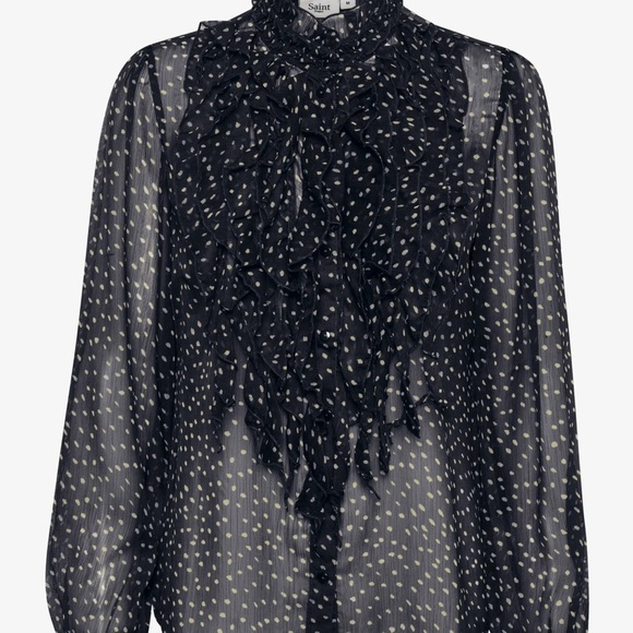 St. TROPEZ Sheer Black Ruffled Bib Collar Blouse - Picture 1 of 6